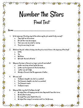 Final Quiz with Answer Key for the Novel, Number the Stars by Lois Lowry