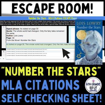 Preview of Number the Stars - MLA Citation | ESCAPE ROOM Self Checking Worksheet
