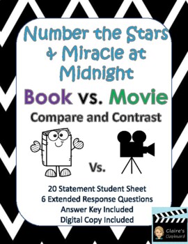 Preview of Number the Stars & Miracle at Midnight Book vs. Movie Compare and Contrast
