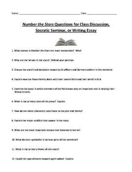 Preview of Number the Stars Questions for Class Discussions or for Socratic Seminars