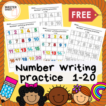 Preview of Number writing practice sheet for the numbers 1-20 &  Trace the numbers 1-20.