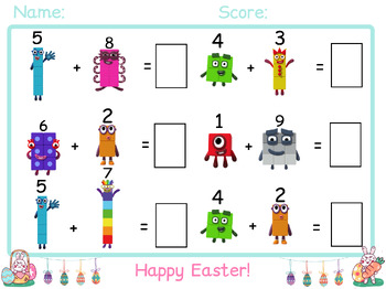 Preview of Numberblocks Easter Themed Addition Worksheet