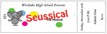 Preview of Customizable Numbered Ticket Template for Seussical Theatrical Performance