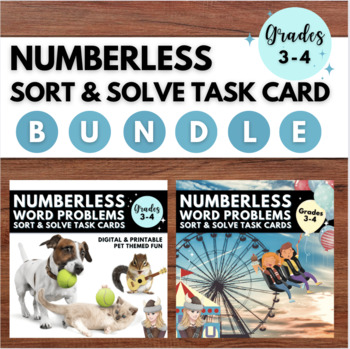 Preview of Numberless Word Problem Task Cards to Sort & Solve Grade 3 & 4 Themed Bundle