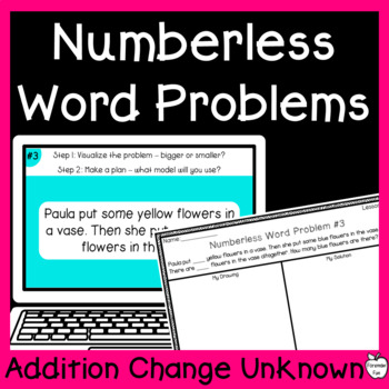 Preview of Numberless Word Problems for Change Unknown Word Problems Addition to 20