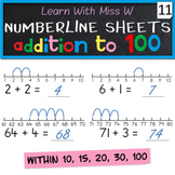 Number Line addition worksheets to 10, 15, 20, 30, 100