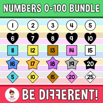 Preview of Rainbow Numbers 0 to 100 Math Tiles Bundle Clipart Digital Button Shapes