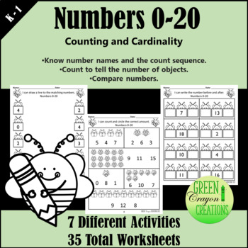 Preview of Numbers 0-20 Counting & Cardinality Worksheets | Bumble Bee Themed