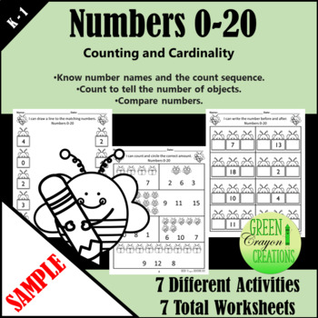 Preview of Numbers 0-20 Counting & Cardinality Worksheets | Bumble Bee Themed | SAMPLE