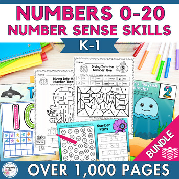 Preview of Numbers 0-20 Number Sense Worksheets Color by Codes and Center Activities BUNDLE