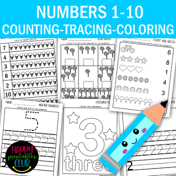 Preview of Numbers 1-10 Counting-Tracing-Coloring Worksheets Pre K/Kindergarten