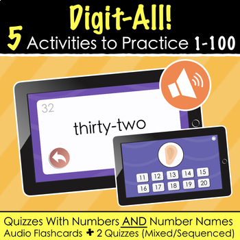 Preview of Numbers 1-100 Audio Quizzes and Audio Flash Cards for Google Slides | Digit-All!