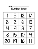 Numbers 1-20 Bingo Cards