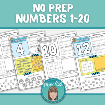 Preview of Numbers 1-20 No prep English and Spanish