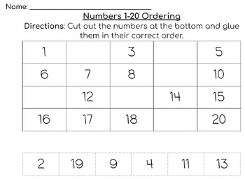 Preview of Numbers 1-20 Ordering