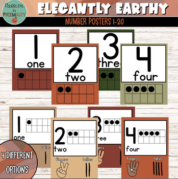 Preview of Numbers 1-20 Posters - Warm Toned Classroom Decor for Back to School