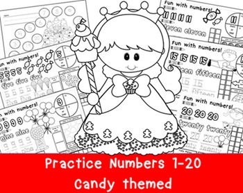 Preview of Numbers 1-20 Practice Pages with sweet candy theme.