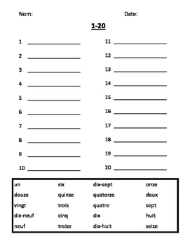 French Numbers 1 20 Worksheet