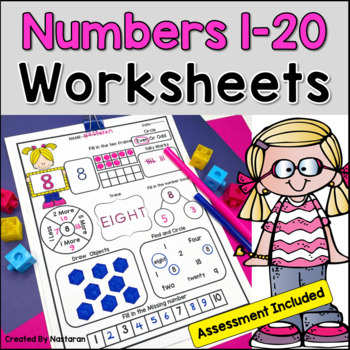 Preview of Numbers 1-20 Assessments Write Trace Read Numbers To 20 +  Free Worksheet