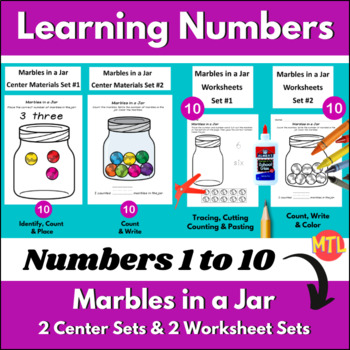 Preview of Numbers 1 to 10 | Marbles in a Jar Centers and Worksheets