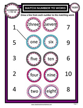 numbers 1 to 10 match numbers to number names kindergarten