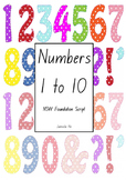 Numbers 1 to 10 Worksheets in NSW Foundation Font