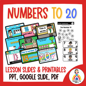 Preview of Numbers 1 to 20 Lesson Kindergarten Math Slides Presentation & Printables