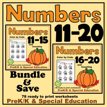 Preview of Fall Numbers 11-20 Identification & Counting Bundle for PreK, K, Special Ed.