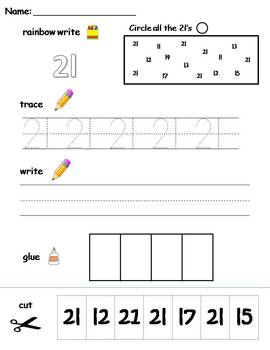 Numbers 21-30 printable worksheets -find, write, trace and glue!