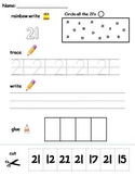 Numbers 21-30 printable worksheets -find, write, trace and glue!