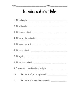 Numbers About Me Worksheet by Exceptional Students in the Classroom