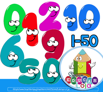 Preview of Cliparts Números felizes coloridos de 1 a 50 Uso Comercial