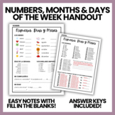 Numbers, Days of the Week & Months Spanish Handout | High 