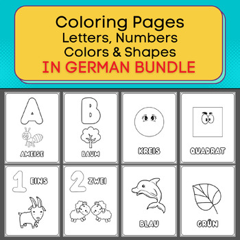 Preview of Numbers, Shapes, Colors, and Letters Coloring Pages Bundle. In German
