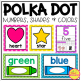Preview of Numbers, Shapes and Colors Poster Bundle in a Polka Dot Classroom Decor Theme
