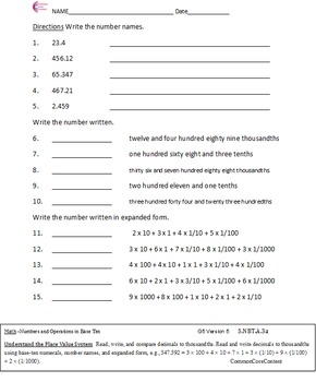 Numbers and Operations All Standards 5.NBT Fifth Grade Common Core Math ...