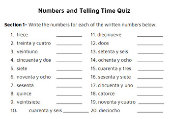 Numbers and Telling Time Quiz for Spanish class by O Gallegos | TpT