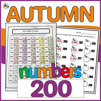 Preview of Fall Math Counting with Numbers to 200 Worksheets with & Skip Counting by 2's