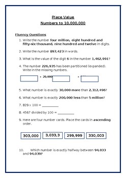 Preview of Numbers to 10,000,000 Questions & Answer (Worksheet)