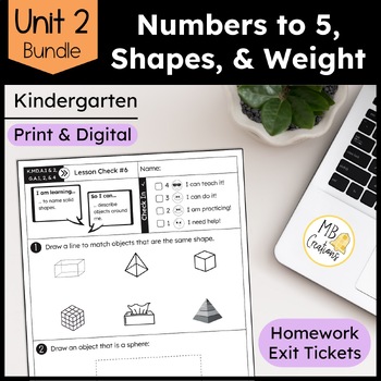 Preview of Kindergarten Numbers to 5, Shapes, and Weight Worksheets - iReady Math Unit 2