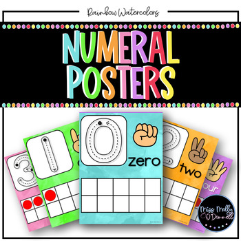 Preview of Ten Frame Number Posters: Watercolor Classroom Decor, Rainbow Classroom Decor
