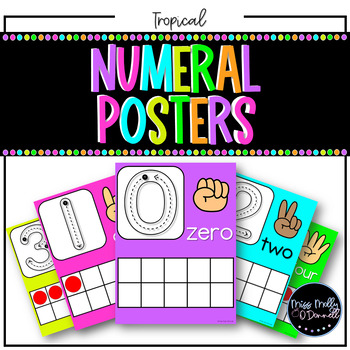Preview of Ten Frame Number Posters 0-20: Tropical Classroom Decor, Bright Classroom Decor