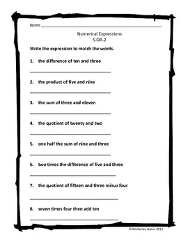Numerical Expressions Worksheet (5.OA.2) by Quinnessential Lessons