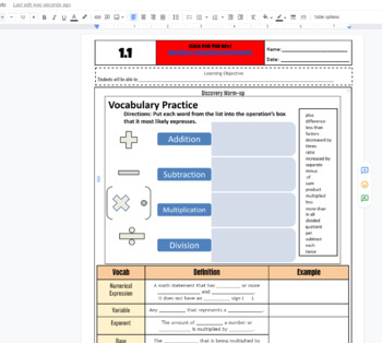 Preview of Numerical and Algebraic Expressions fillable notes