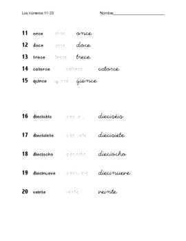spanish number worksheets 11 20