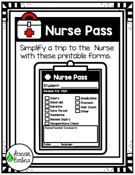 Preview of School Nurse Pass, School Nurse Notes, Office Pass