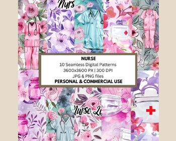 Preview of Nurse Seamless Pattern | Student Nurse Life PNG | Nurse Digital Paper Pattern