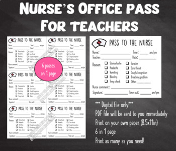 Preview of Nurse's Office pass to the nurse for teachers and nurses PDF file