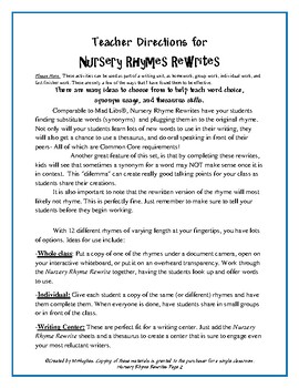 Nursery Rhyme Rewrites  Thesaurus and Synonym Skills by Created by MrHughes