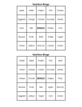 Preview of Nutrition Bingo Boards